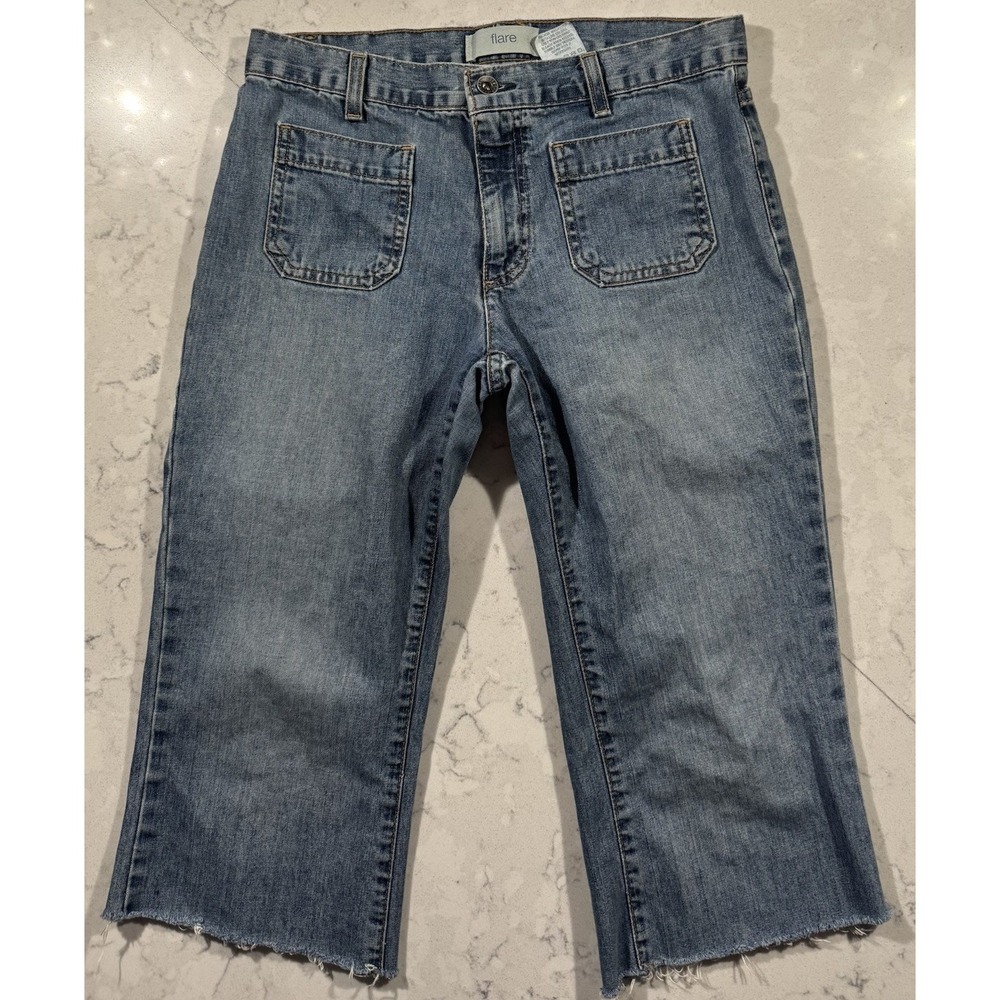 VTG Y2K GAP Jeans Womens 6 Blue Patch Pocket Flare Cropped Raw Hem Made in USA